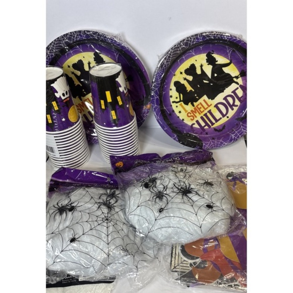 Halloween Party Supplies Bundle I Smell Children Plates Cups Spider Web‎ Decor